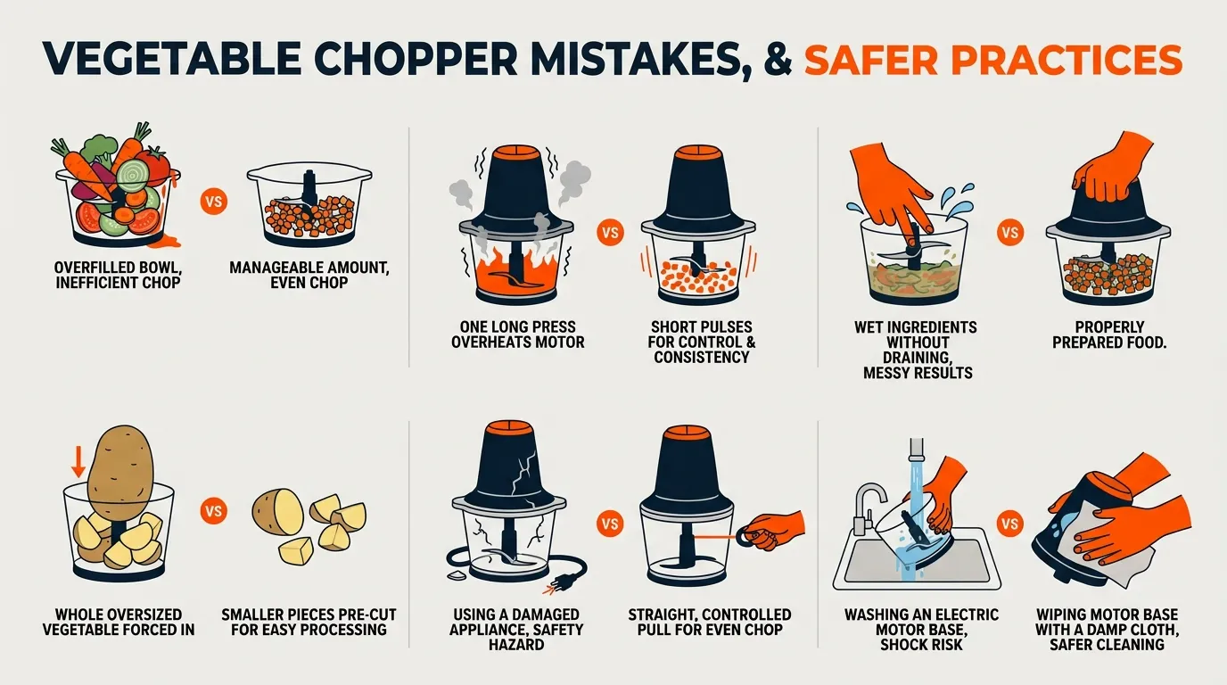 Vegetable chopper safety checklist showing overfilling, long pulses, unsafe blade handling, and proper food preparation
