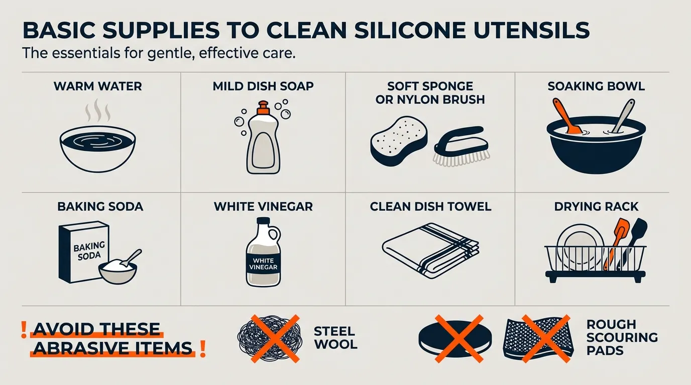 Basic silicone utensil cleaning supplies including warm water, mild dish soap, soft brush, baking soda, and vinegar
