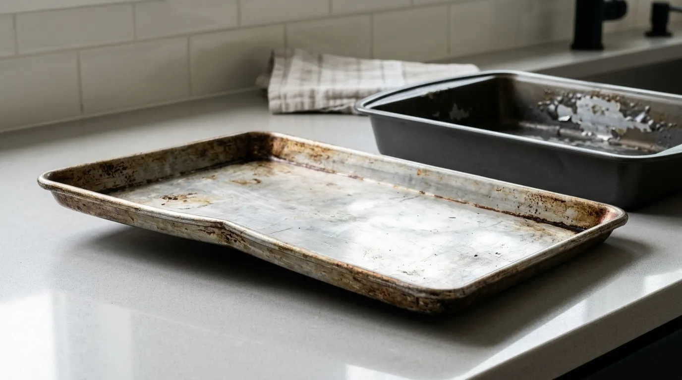 Severely warped baking sheet rocking on a flat countertop beside a pan with damaged coating.